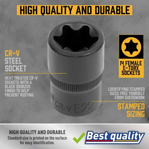 Vista 2 de Amartisan 14 PC E-Torx Star Socket Set/Rail, 1/4" 3/8" 1/2" Drive, E24 Juego de zócalos de par externo