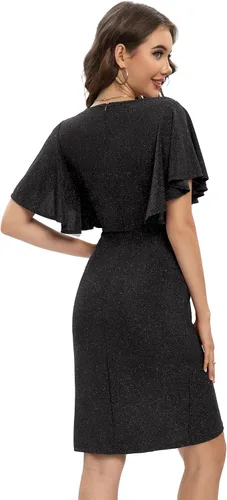 Vista 3 de Meetjen Vestido de fiesta de cóctel fruncido con cuello en V para mujer, elegante, entallado, manga con volantes, vestido de trabajo con purpurina