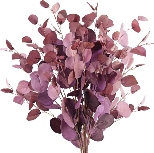 Vista 13 de 6 tallos de hojas de seda artificial de eucalipto de aspecto realista para centros de mesa, ramos de relleno (lavanda anguida)
