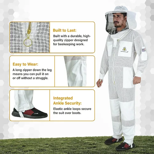 Vista 7 de BeeProGear 3-Layer Ventilated Mesh Beekeeping Suit for Men & Women - Sting Proof Full Body Suit with 2 Veils, Gloves & Bag