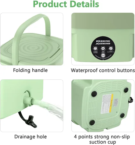 Vista 6 de MacLehose Mini lavadora portátil, 9L plegable lavadora y secadora Combo para ropa de bebé, camping y lavandería de viaje (verde)
