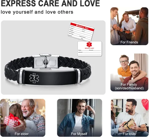 Vista 2 de MEALGUET Pulseras médicas personalizadas para hombres: grabado gratuito de acero inoxidable negro y cuero trenzado pulsera de alerta médica