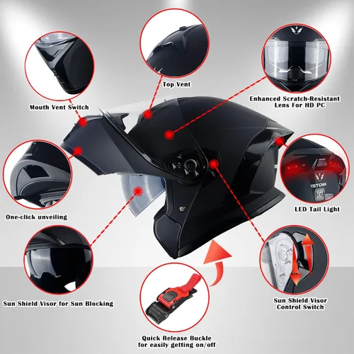 Vista 4 de 1Storm Nuevo Casco Modular de Motocicleta con Visera Dual, Protección Solar Completa y Luz Trasera LED Recargable: LED-X90 Flecha Azul