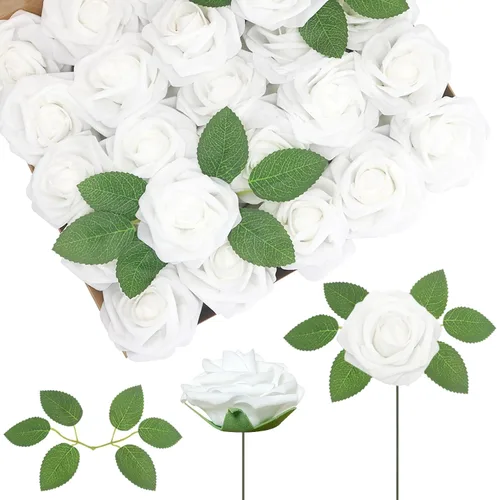 Vista 31 de 25 rosas realistas negras, flores artificiales de espuma de látex con tallos flexibles y 8 hojas para decoración de bodas, hogar y fiestas Negro