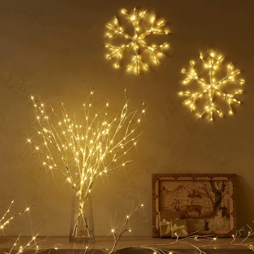 Vista 4 de Fudios Luces LED de copo de nieve iluminadas de color blanco cálido, funciona con pilas, con temporizador, 70 L, guirnalda de luces de 14 pulgadas