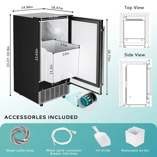 Vista 8 de EUHOMY Máquina de hielo comercial bajo mostrador de 15" de ancho, 90 lb/día, autolimpieza y temporizador de 24H, drenaje por gravedad, máquina