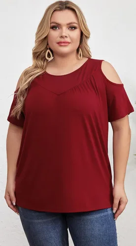 Vista 6 de Yiwixi Camisetas casuales de verano para mujer, con hombros descubiertos, manga corta, cuello redondo, ajuste holgado, tallas grandes, plisadas