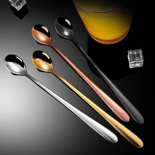 Vista 7 de 4 cucharas de mango largo, cucharas de acero inoxidable de grado alimenticio, cuchara de café para té helado, cucharas doradas, cucharas de mezcla