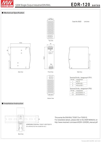 Vista 5 de Mean Well EDR-120-24 Fuente de alimentación de riel DIN de salida única 24V 5 Amp 120W