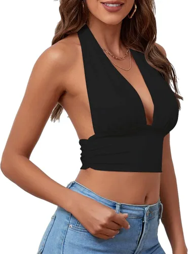 Vista 3 de Rooscier Top corto sin mangas con cuello en V profundo para mujer, espalda descubierta