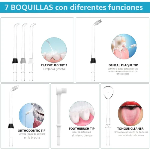 Vista 8 de TUREWELL - Hilo dental de agua para dientes/frenos, limpiador de dientes de agua con 8 puntas de chorro y 10 niveles de presión, irrigador bucal