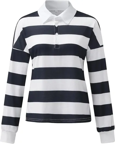 Vista 5 de Camiseta de manga larga con botones y cuello de solapa y estampado a rayas para mujer