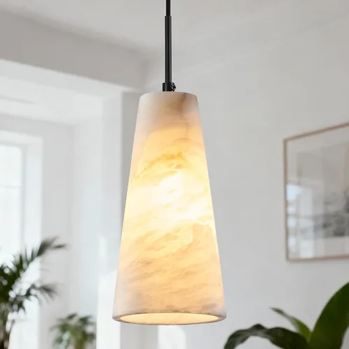 Vista 9 de Luces colgantes de alabastro natural, isla de cocina, pantalla cónica de mármol blanco, modernas lámparas de techo negras para mesa de comedor, sala