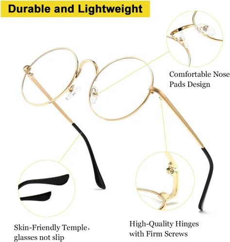 Vista 4 de Gafas redondas de metal retro con montura de lente transparente sin receta médica para mujeres y hombres, Negro