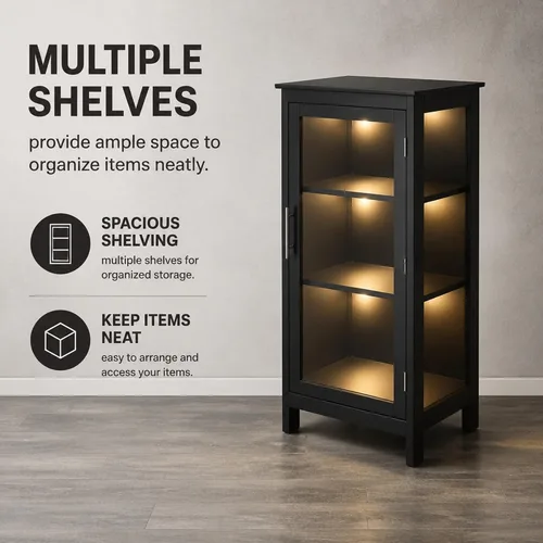 Vista 8 de Ergode Vitrina de madera amapola – negro, puerta de cristal, estantes ajustables – Solución versátil de almacenamiento y exhibición para el hogar