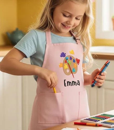 Vista 2 de Delantal con nombre personalizado para niños con sombrero de chef, delantal impermeable para cocinar, hornear, arte, pintura, regalo de cumpleaños
