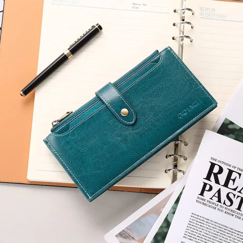 Vista 5 de GOIACII Billeteras para mujer con bloqueo RFID y 2 bolsillos con cremallera, C-Peacock Blue Type 3