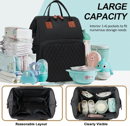 Vista 7 de Mochila para pañales para bebé, niña, niño, viaje, diseño unisex con funda para chupete, bolsillo para robo, cambiador, Negro -, Mochilas de viaje