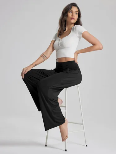 Vista 2 de ODODOS - Pantalones palazzo de pierna ancha para mujer, pantalones informales ligeros, holgados y cómodos con bolsillos, pantalones de pijama
