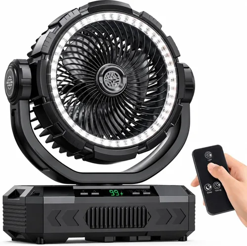 Vista 12 de Ventilador de camping recargable de 9 pulgadas 【Oscilante automático, máximo 60H】Ventilador portátil de 20000 mAh, funciona con pilas, luz Negro