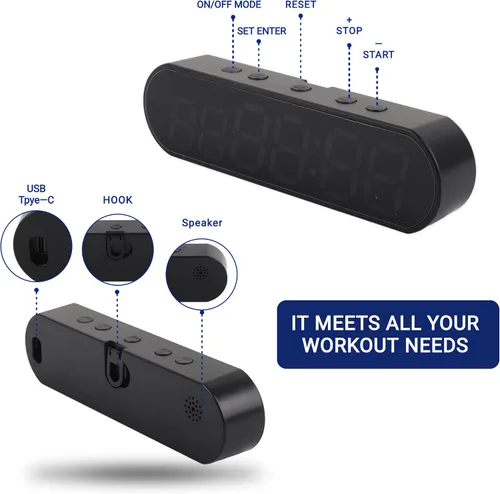 Vista 3 de Temporizador portátil de gimnasio, temporizador de entrenamiento de intervalos con cuenta regresiva/arriba/cronómetro/alarma, 1000 mAh USB reloj