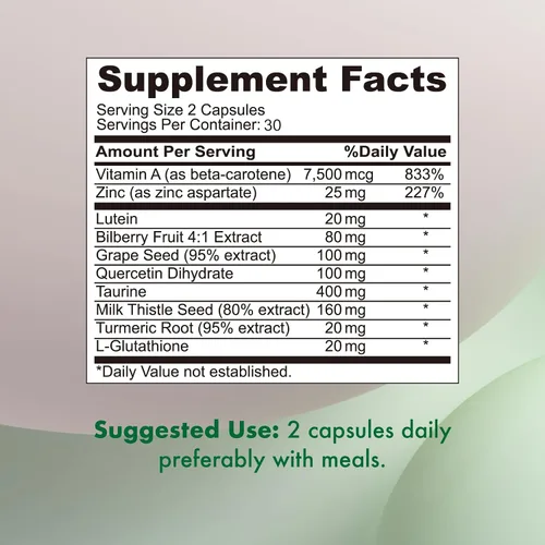 Vista 2 de VHC Vitaminas para los ojos con luteína, arándano y zinc, suplementos 10 en 1, resveratrol semilla de uva, quercetina, taurina, cardo mariano