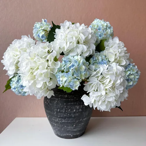 Vista 2 de YalzoneMet Bola de nieve artificial Viburnum 4 piezas de 26.8 pulgadas de color azul graduado, hortensias pequeñas, 2 cabezales, de látex natural