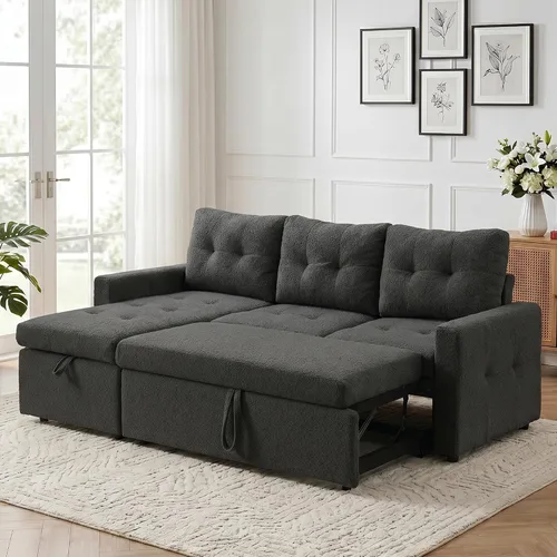 Vista 9 de HIPIHOM Sleeper Sectional Sofa with Pull-Out Bed, Reversible Storage Chaise Dark Green
