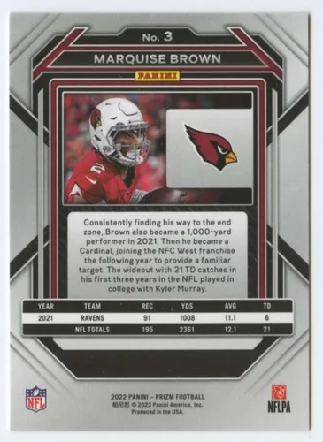 Vista 2 de 2022 Panini Prizm Football #3 Marquise Brown Arizona Cardinals Official NFL Trading Card (Stock Photo shown, card is in Near Mint to Mint Condition)