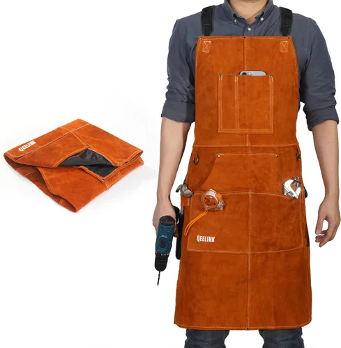 Vista 8 de Delantal de trabajo de soldadura de cuero QeeLink con 6 bolsillos para herramientas, delantales de soldador resistentes al calor y a las llamas, 24
