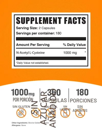 Vista 2 de BulkSupplements.com N-Acetil L-Cisteína 1000mg Cápsulas - N-Acetil Cisteína 1000mg, Suplemento de NAC - NAC 1000mg, Sin Gluten - 2 Cápsulas por