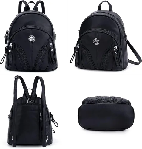 Vista 6 de AngelKiss - Mini mochila para mujeres y niñas antirrobo de cuero suave casual bolsa de hombro a la moda para mujer Negro Black-1 S Viajar