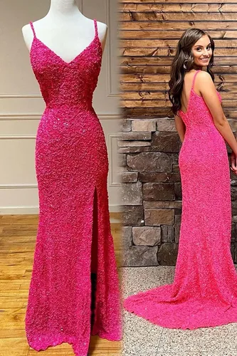 Vista 5 de Vestidos de fiesta de sirena con lentejuelas y tirantes delgados, sexy, para mujer, con abertura, cuello en V, vestidos formales de fiesta