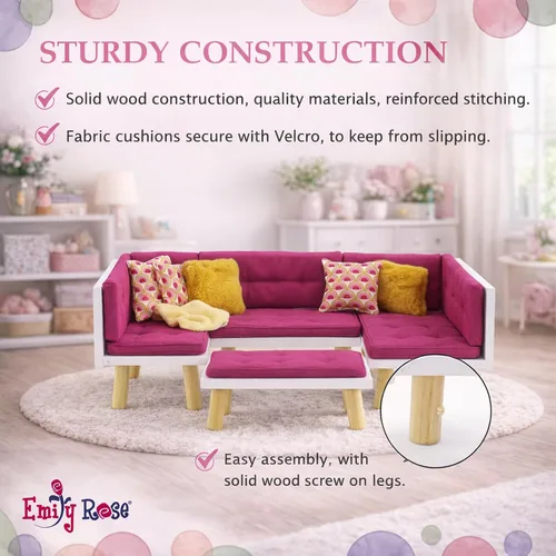 Vista 5 de Emily Rose Juego de muebles de sala de estar de muñeca de 18 pulgadas, sofá modular convertible de madera de 19 piezas con TV, chimenea, cojines