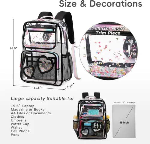 Vista 6 de KIDNUO Mochila transparente para niñas y mujeres, mochila transparente para niños, escuela primaria, universidad, mochila de viaje para laptop