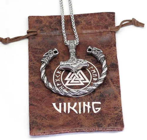 Vista 5 de GuoShuang Collar con colgante vikingo y pulsera para hombre, juego de joyería para hombre, collar Mjolnir de 24 pulgadas, collar y pulsera
