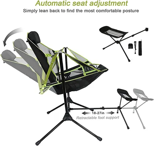 Vista 5 de Silla mecedora para campamento, hamaca con respaldo ajustable, silla plegable para camping, con reposapiés, silla reclinable plegable