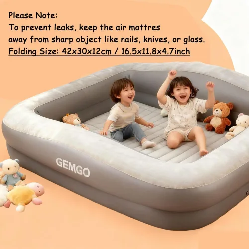Vista 5 de Cama inflable de viaje portátil de 67 pulgadas para niños con 4 lados de seguridad, colchón de aire ligero para niños con bomba de alta velocidad