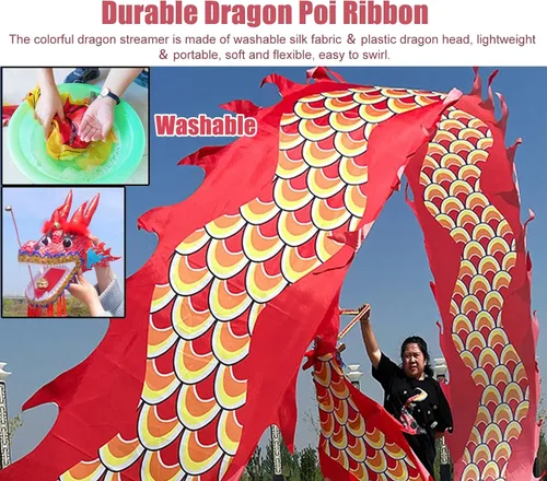 Vista 2 de Dragon Poi - Cinta de dragón de seda para gimnasia, colorida cometa de poi/dragón con cabeza, cinta de bandera de baile para adultos mayores