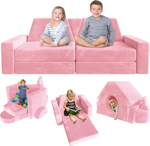 Vista 12 de 15 piezas Sofá de juego modular para niños, Sofá para niños pequeños y niños, sofás para niños pequeños, Kit de construcción de fortalezas con sofás