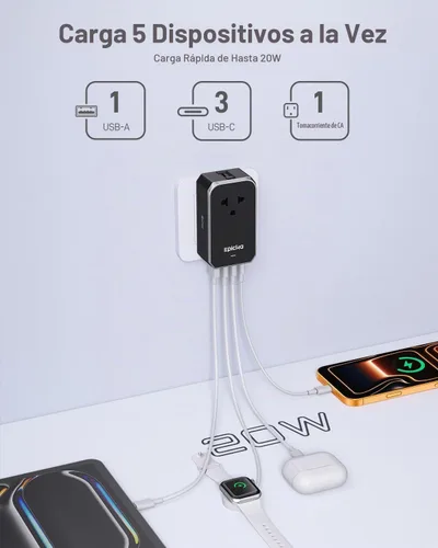 Vista 3 de EPICKA Adaptador de viaje universal Air 20W PD&QC con 1AC/3USB-C/1USB-A 20W-Negro