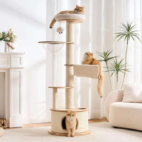 Vista 12 de Moderno árbol de madera maciza para gatos de interior de hasta 15 libras, torre para gatos de 49 pulgadas de alto con postes rascadores y rascador