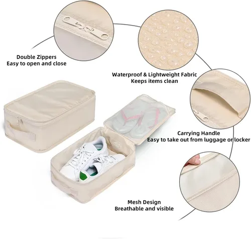 Vista 3 de JJ POWER Bolsas de viaje para zapatos, organizador plegable impermeable para zapatos de doble capa, Crema, Uso diario