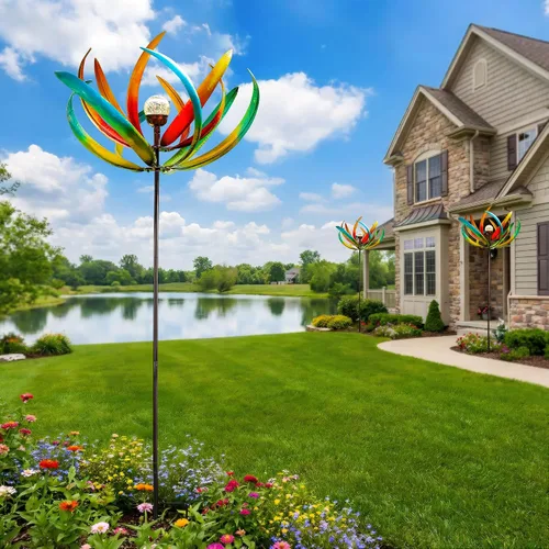 Vista 6 de Molinillo de viento solar grande de 83 pulgadas para exteriores, escultura de flor de tulipán de metal con bola de vidrio LED multicolor, arte