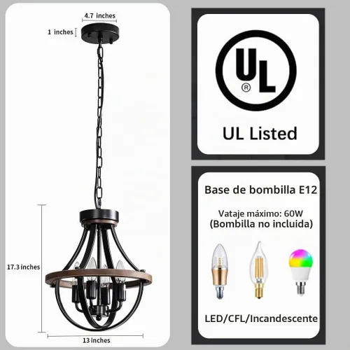 Vista 5 de Lámpara de Araña Estilo Granja, Lámpara Colgante Moderna, Luminaria de Techo Rústica de 4 Luces, Lámpara de Araña Vintage para Pasillo Vestíbulo