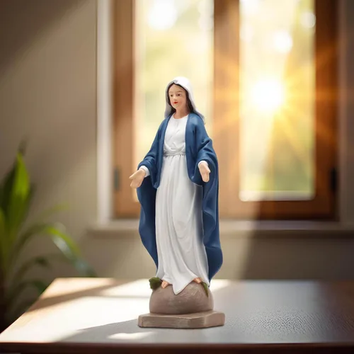 Vista 3 de Estatua de Nuestra Señora de Gracia – Figura de 8.5 pulgadas, decoración religiosa católica de resina para altar del hogar, mesa de oración, Azul