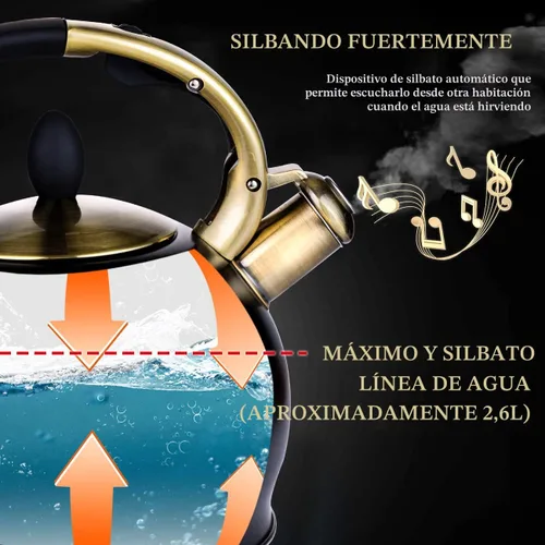 Vista 3 de SUSTEAS Tetera Silbante para Estufa - Tetera de Té de Acero Inoxidable Grado Alimenticio con Mango Ergonómico de Toque Frío, Con 1 Guante de Negro