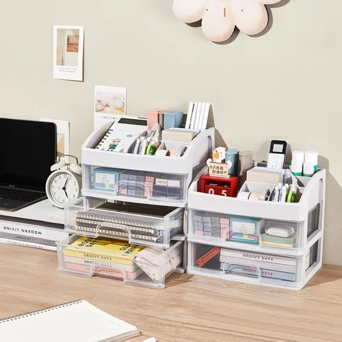 Vista 5 de Organizador de escritorio con cajones, organizador de almacenamiento de 3 cajones, cajones de almacenamiento de escritorio para suministros