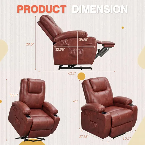 Vista 2 de Furmax Silla reclinable eléctrica con masaje para personas mayores, tela de pana, sillón reclinable individual con portavasos, bolsillos laterales