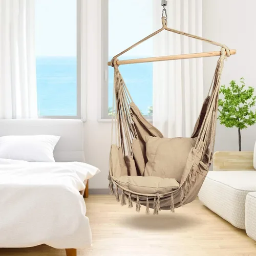 Vista 4 de Silla tipo hamaca, asiento colgante de cuerda para interiores y exteriores, lona de algodón suave y duradera, 2 cojines incluidos, silla de lectura